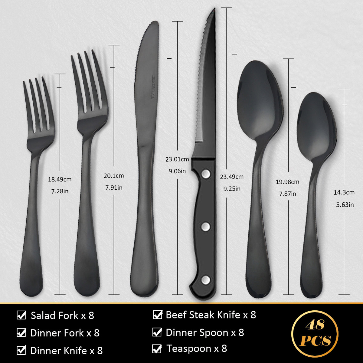 48-piece, 430 Stainless Steel, flatware Set, service For 8, knives, forks, spoons, steak Knives, salad Forks, teaspoons, cutlery Set, silverware, heavy Duty, rustproof